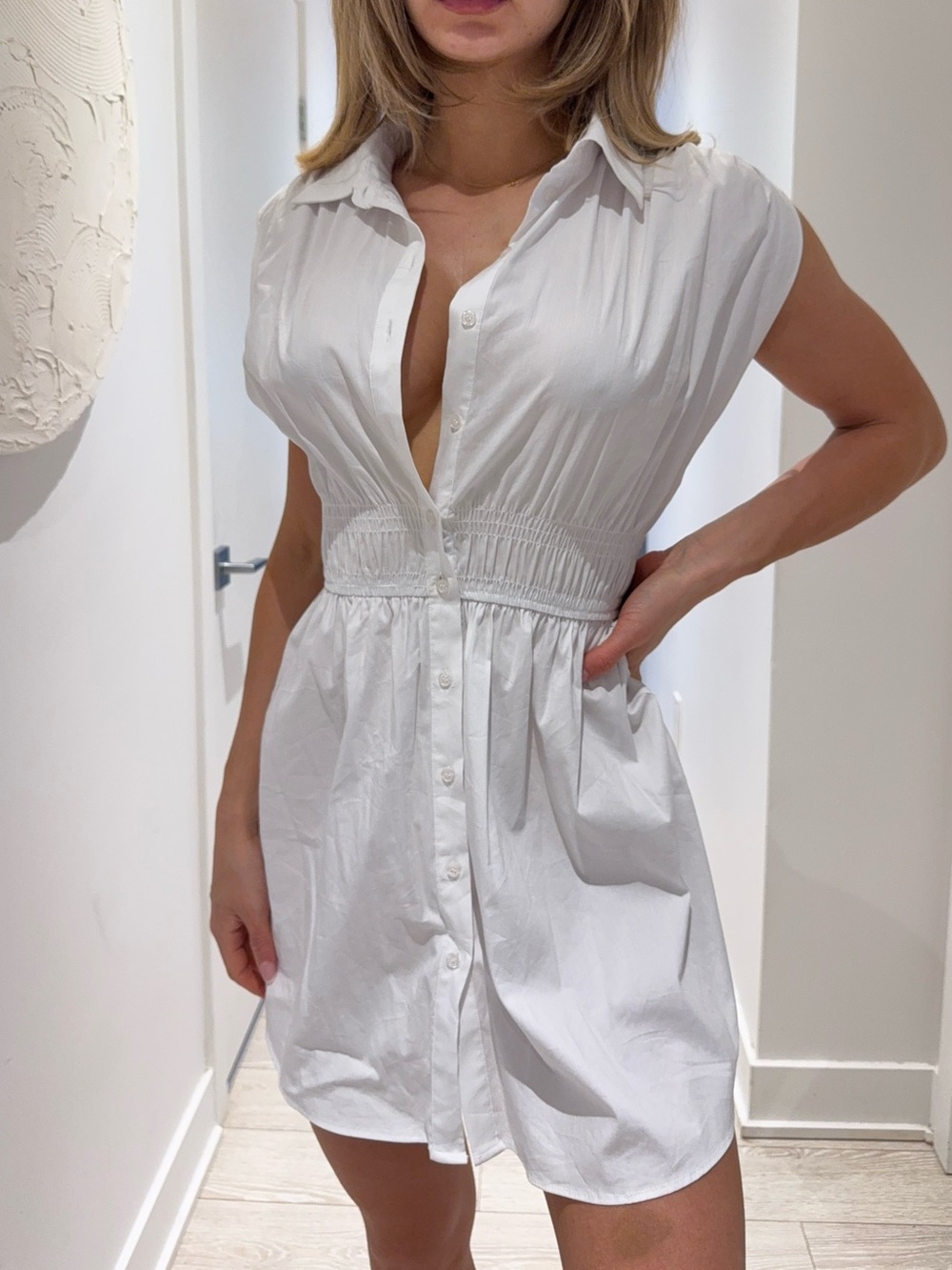 Zara White Button-Front Shirtdress